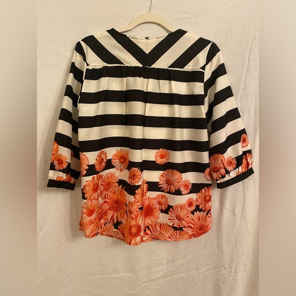 Eci Black and White Striped Blouse with Pink Flowers - Picture 2 of 3